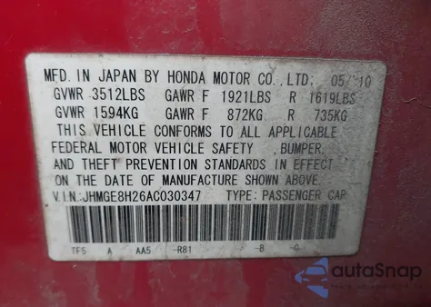 2010 Honda Fit z USA, uszkodzony, nr VIN JHMGE8H26AC030347